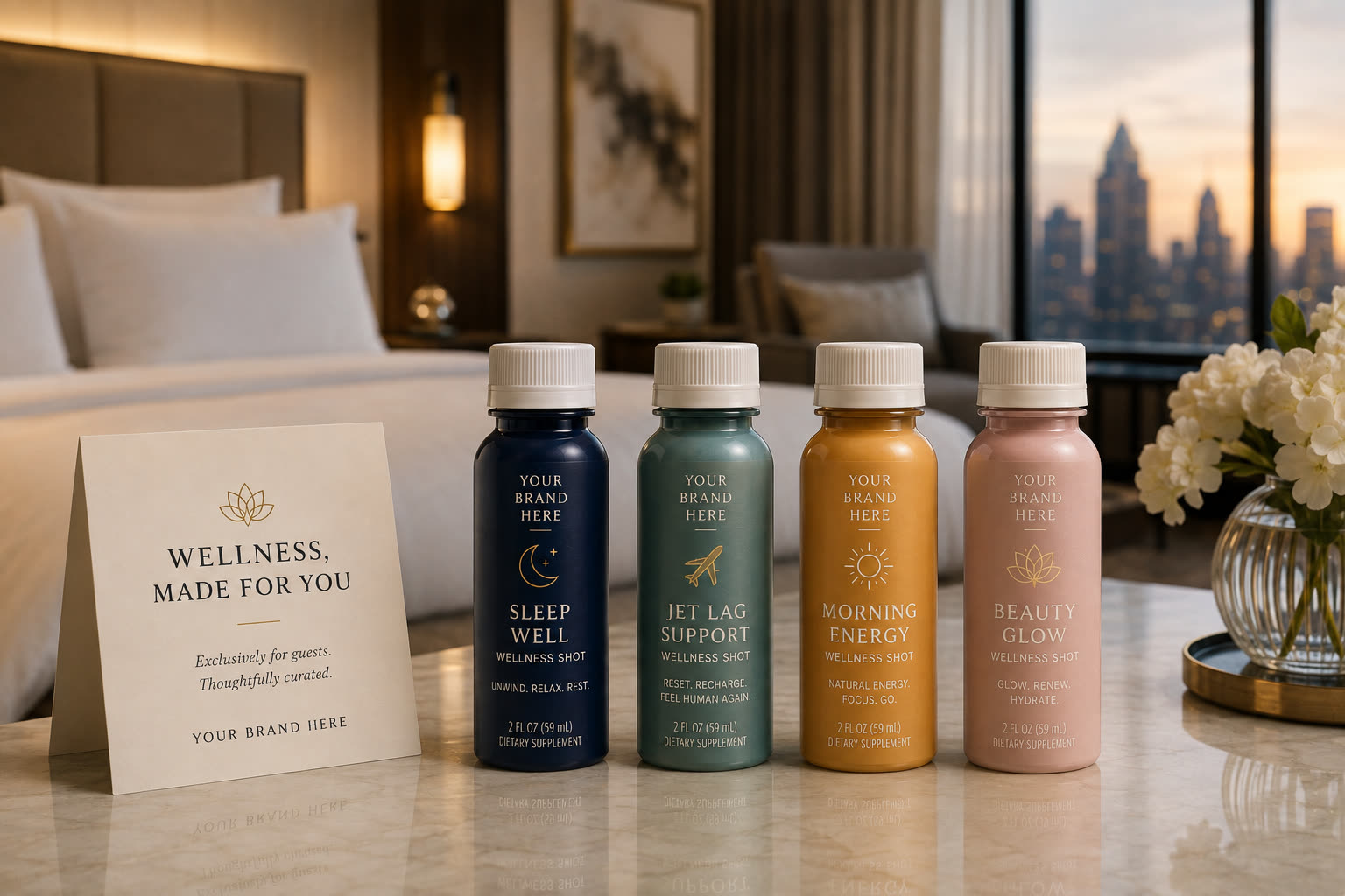 Branded wellness shot collection staged in a hotel room
