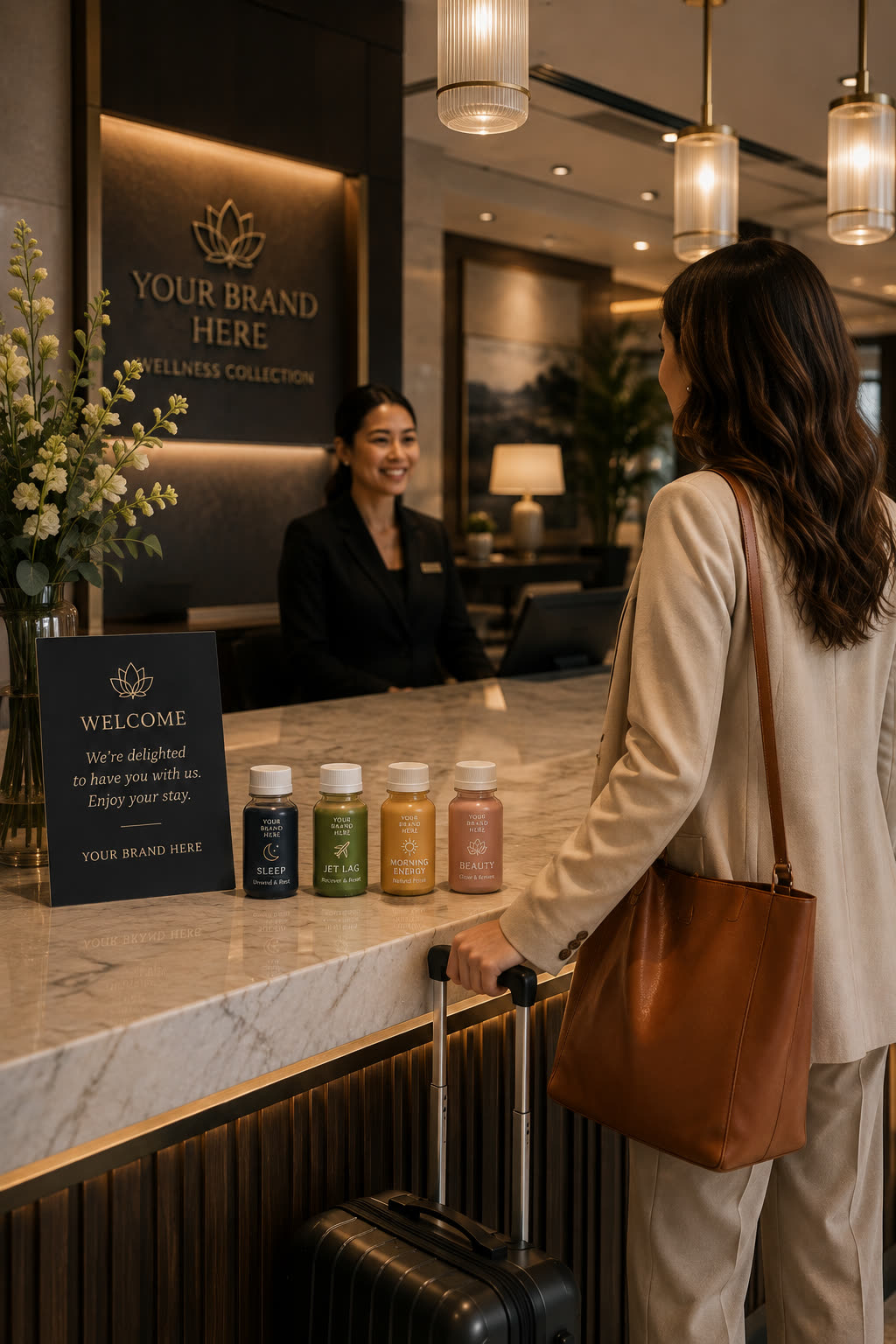 Hotel guest at check-in with a branded wellness shot collection on the counter