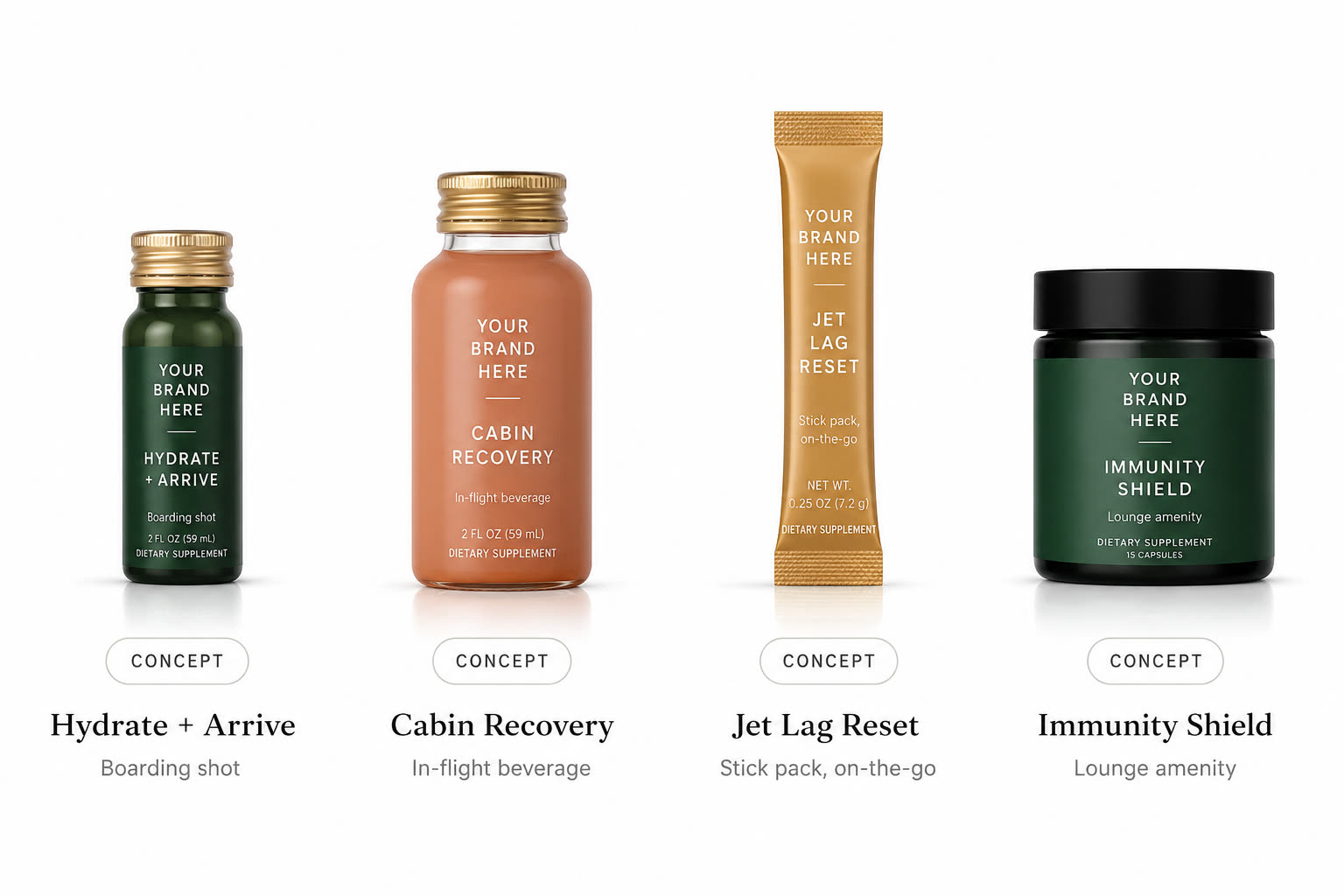 Travel and airline product concepts: Hydrate + Arrive, Cabin Recovery, Jet Lag Reset, Immunity Shield